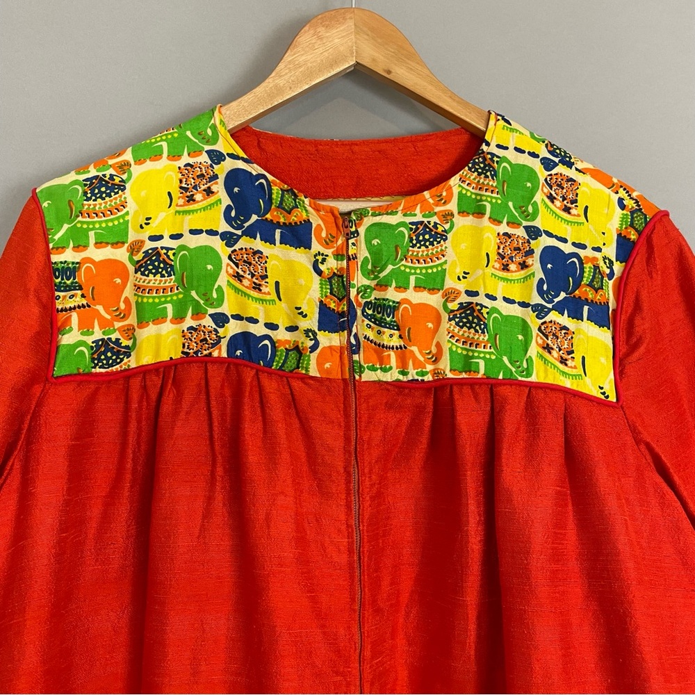 Vintage Caftan Dress Maxi Women‎ Kaftan Muumuu Elephants Reddish Orange Zip-Up - Picture 13 of 15